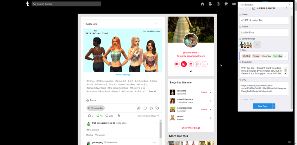 Example of using the Save to Notion Chrome Extension to Save a Tumblr Sims 2 CC Post